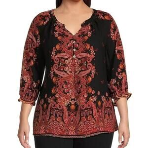 Fig and Flower Women's Blouse Paisley Floral Black Red  3X Boho Flowy Indie